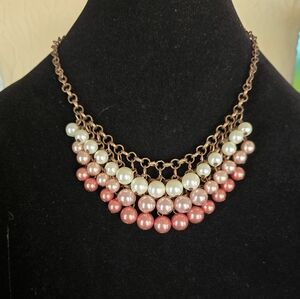 NWT Pearl Statement Necklace & Earrings Pink Ivory Copper Tone